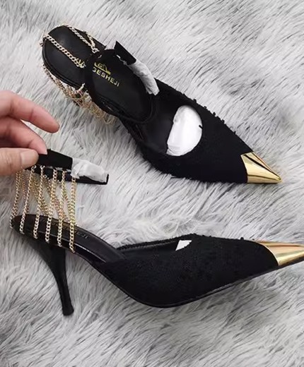 High heels new pointed metal chain sandals for women with one-line buckle sexy stilettos