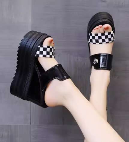 Wedge heel sandals new fashion high heel thick bottom sandals plaid casual women