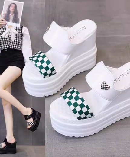 Wedge heel sandals new fashion high heel thick bottom sandals plaid casual women