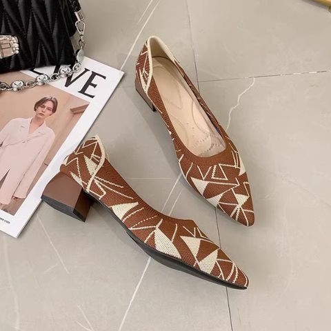 knitted pointed thick heel single shoes versatile shallow mouth medium heel woven shoes