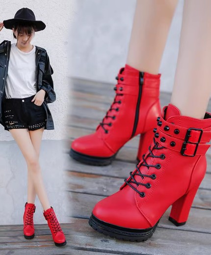 Trendy women's short boots thick heel waterproof platform net celebrity lace-up Martin boots