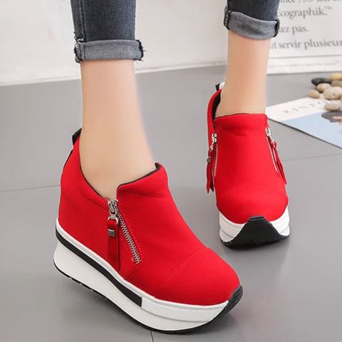 Chinese red canvas shoes loafers thick-soled platform heels invisible height-enhancing casual shoes