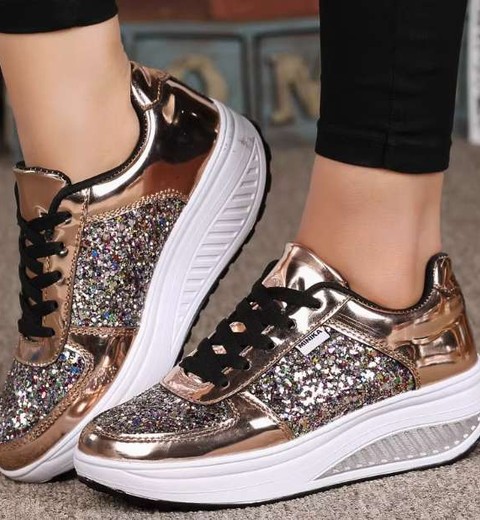 Leather colored diamond sequin mirrored rocking shoes casual sports shoes