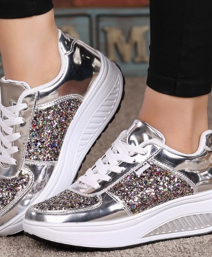 Leather colored diamond sequin mirrored rocking shoes casual sports shoes