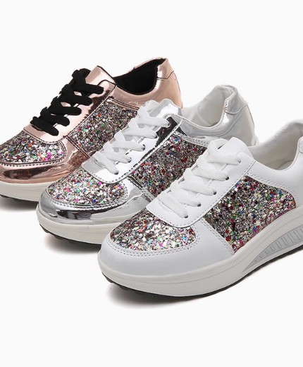 Leather colored diamond sequin mirrored rocking shoes casual sports shoes