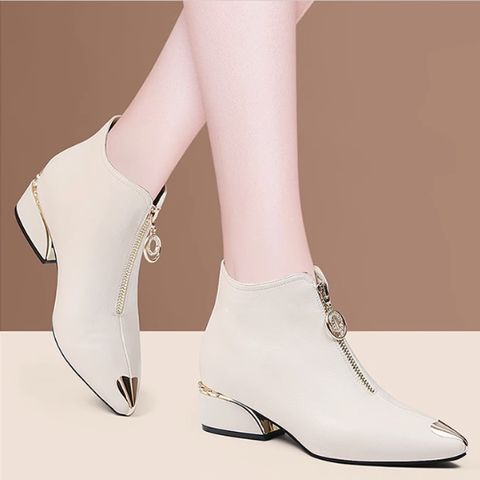 Genuine leather thick heel short boots for women low heel medium heel soft leather shoes