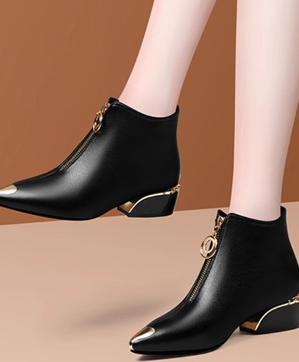 Genuine leather thick heel short boots for women low heel medium heel soft leather shoes
