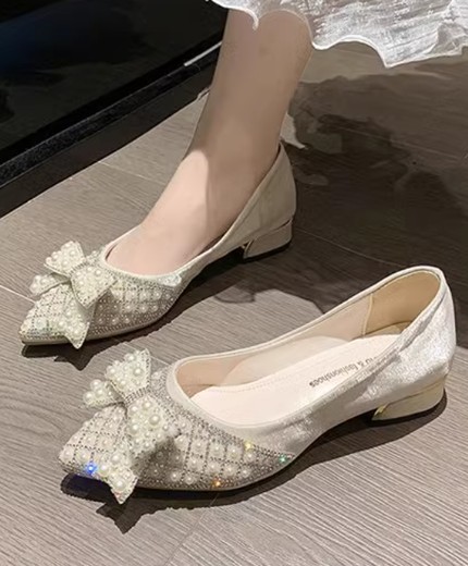 Rhinestone pearl pointed toe sweet bowknot thick heel medium heel wedding shoes bridesmaid shoes