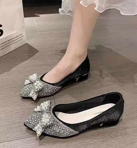 Rhinestone pearl pointed toe sweet bowknot thick heel medium heel wedding shoes bridesmaid shoes