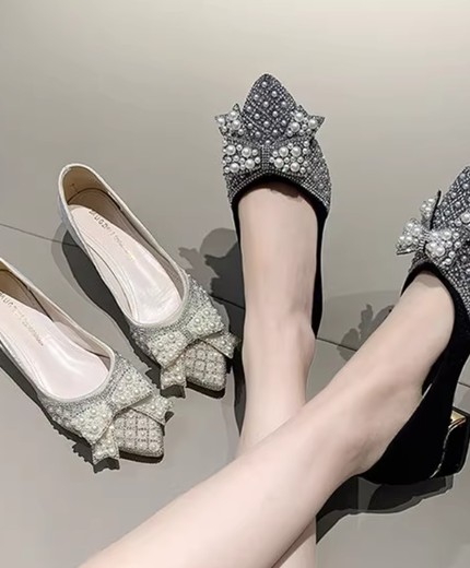 Rhinestone pearl pointed toe sweet bowknot thick heel medium heel wedding shoes bridesmaid shoes