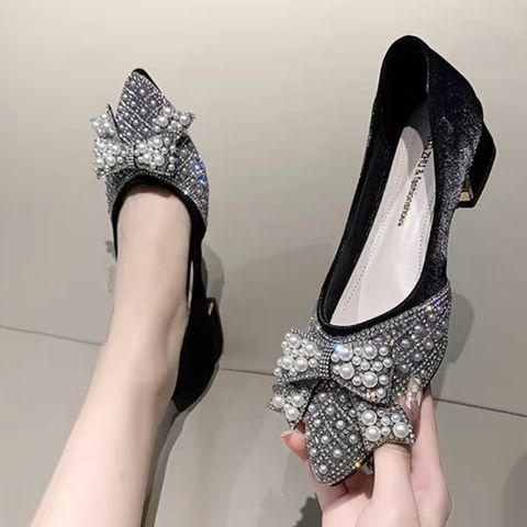 Rhinestone pearl pointed toe sweet bowknot thick heel medium heel wedding shoes bridesmaid shoes