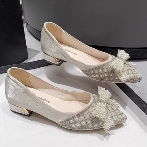 Rhinestone pearl pointed toe sweet bowknot thick heel medium heel wedding shoes bridesmaid shoes