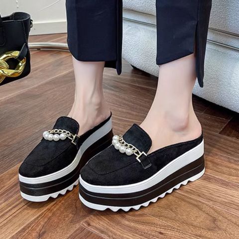 Thick-soled platform heels high-heeled closed-toe slippers for outdoor wear wedge heels