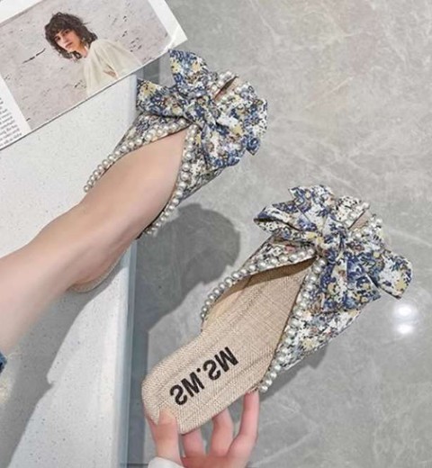 Baotou half slippers Korean style bow pearl flat bottom soft bottom fish mouth sandals