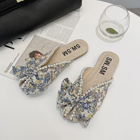 Baotou half slippers Korean style bow pearl flat bottom soft bottom fish mouth sandals