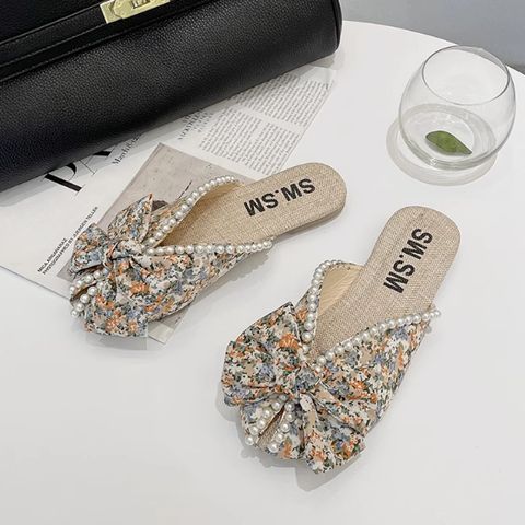 Baotou half slippers Korean style bow pearl flat bottom soft bottom fish mouth sandals