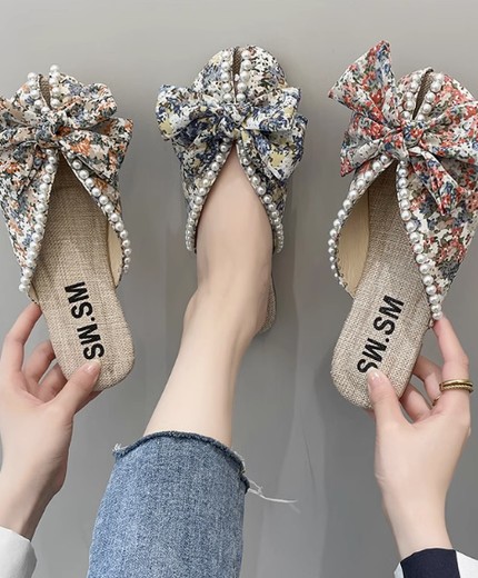 Baotou half slippers Korean style bow pearl flat bottom soft bottom fish mouth sandals