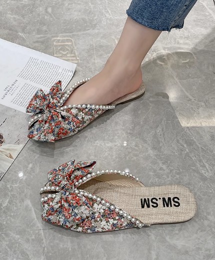 Baotou half slippers Korean style bow pearl flat bottom soft bottom fish mouth sandals