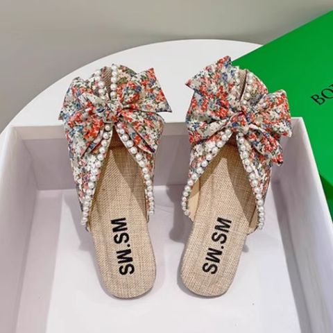 Baotou half slippers Korean style bow pearl flat bottom soft bottom fish mouth sandals