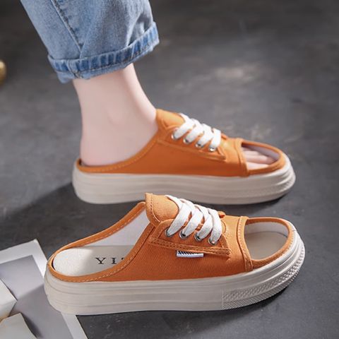 Canvas half slippers for women to wear outside fashionable versatile flip flops thick-soled sandals