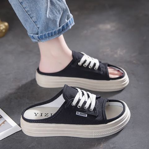Canvas half slippers for women to wear outside fashionable versatile flip flops thick-soled sandals