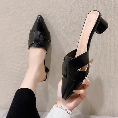 Baotou half slippers for women pointed thick heel fashionable lazy slippers