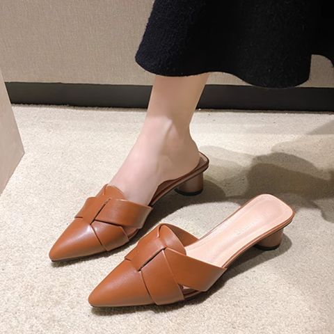 Baotou half slippers for women pointed thick heel fashionable lazy slippers