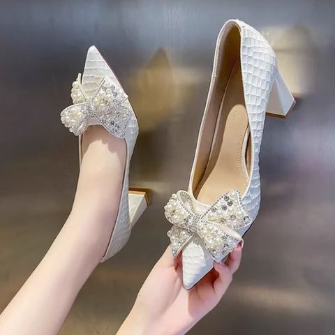 Patent leather high heels autumn new style rhinestone bow thick heel single shoes