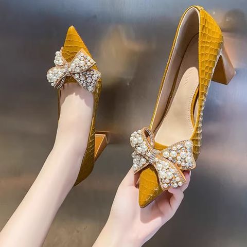 Patent leather high heels autumn new style rhinestone bow thick heel single shoes