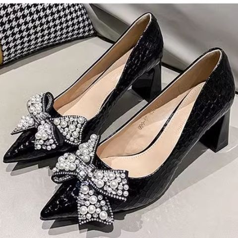 Patent leather high heels autumn new style rhinestone bow thick heel single shoes
