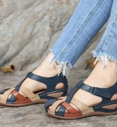 Retro round toe wedge heel ladies Roman shoes cross buckle women's sandals