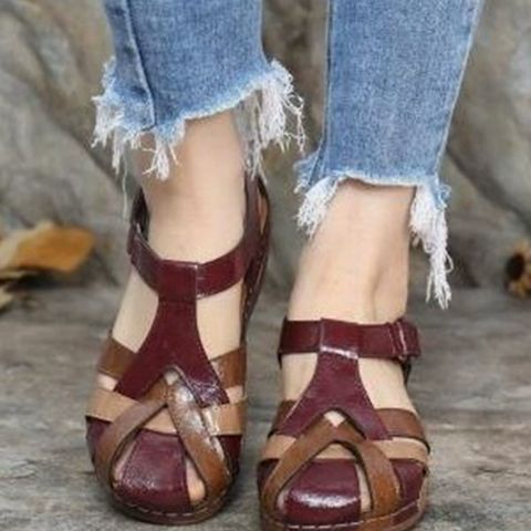 Retro round toe wedge heel ladies Roman shoes cross buckle women's sandals