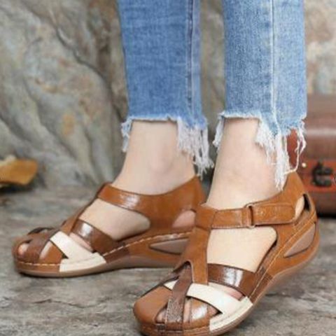 Retro round toe wedge heel ladies Roman shoes cross buckle women's sandals