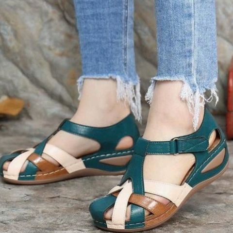 Retro round toe wedge heel ladies Roman shoes cross buckle women's sandals