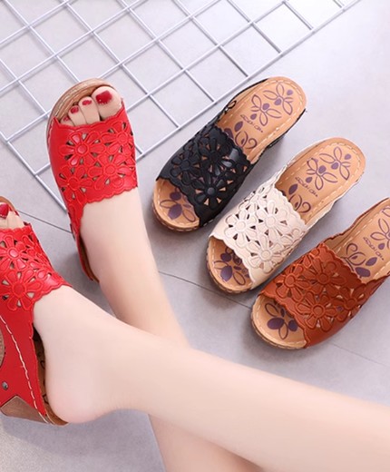 Soft leather slippers for women outer wear thick bottom soft bottom sandals