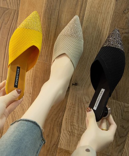 Korean elastic knitted hollow breathable stiletto sandals for women pointed rhinestone heel slippers