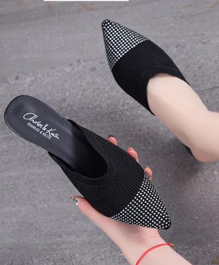 Korean elastic knitted hollow breathable stiletto sandals for women pointed rhinestone heel slippers