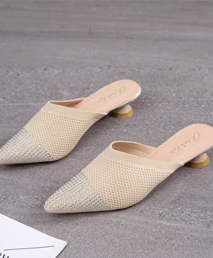 Korean elastic knitted hollow breathable stiletto sandals for women pointed rhinestone heel slippers