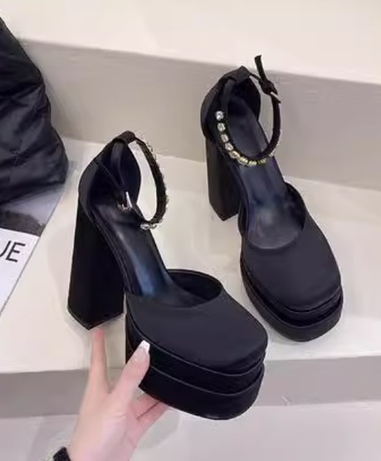 Super High Heel Rhinestone Sandals Thick Bottom Satin Chunky Platform Strap High Heels