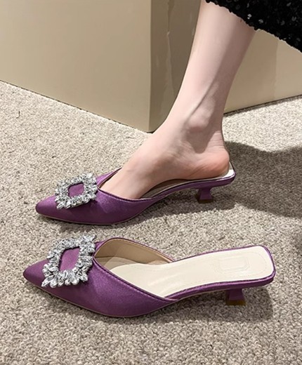 Baotou half slippers for going out with diamond low-heeled sandals with stilettos for women