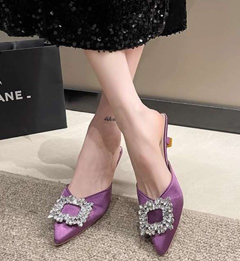 Baotou half slippers for going out with diamond low-heeled sandals with stilettos for women