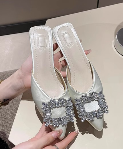 Baotou half slippers for going out with diamond low-heeled sandals with stilettos for women