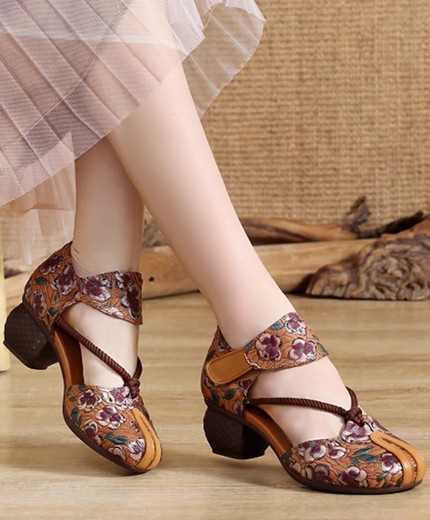 Dadongge genuine leather ethnic style sandals for women in summer with thick heels, soft soles