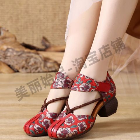 Dadongge genuine leather ethnic style sandals for women in summer with thick heels, soft soles