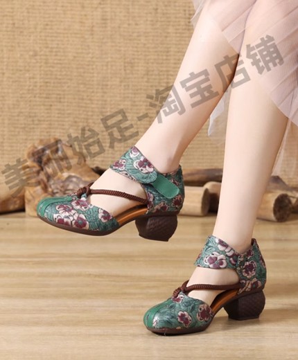 Dadongge genuine leather ethnic style sandals for women in summer with thick heels, soft soles