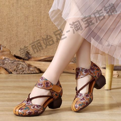 Dadongge genuine leather ethnic style sandals for women in summer with thick heels, soft soles