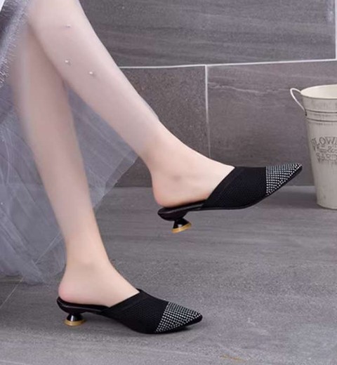 Korean elastic knitted hollow breathable stiletto sandals for women pointed rhinestone heel slippers