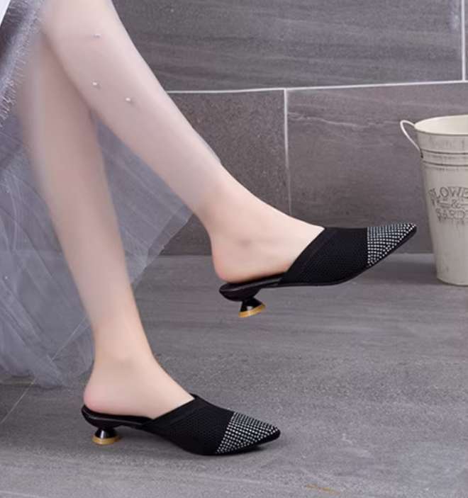 Korean elastic knitted hollow breathable stiletto sandals for women pointed rhinestone heel slippers