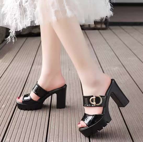 Patent leather sandals beach summer slippers thick heels high heels